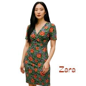 Zara Green Bold Floral Velvet BodyCon Party Event WhimsyGoth Dress NWOT Size S